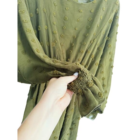 Dress Up Long Sleeve Jacquard Blouson Dress Green Dotted Flowy Boho Career Chic - Picture 5 of 7